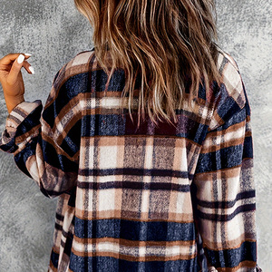 Chemisier à carreaux pour femme, manches longues, boutons sur le devant, épaules tombantes, coupe ample, veste tissée pour l'automne et l'hiver - Product Image 6