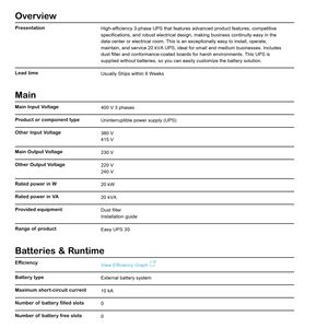 Apc e3ps20k3i उच्च दक्षता 20kva आसान अप 3s 400 v डेटा सेंटर नेटवर्किंग के लिए <span class=keywords><strong>3</strong></span>:1 बाहरी बैटरी सिस्टम - Product Image 2