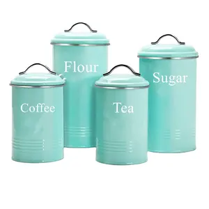 Airtight Food Storage Tin Farmhouse Metal Kitchen Countertop Container Tea Coffee Sugar Flour Canister Set Of 4