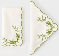 Serviette en lin blanc avec petite broderie verte