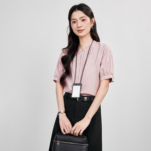 Women's Blue Stand Collar Shirt Short Sleeve Cotton Office Wear Professional Blouse Summer <b>Work</b> Top Solid Color Simple Design - Product Image 4