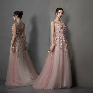 RL018素色晚礼服优雅粉色蕾丝3D刺绣舞会礼服晚礼服派对
