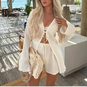 Women's Solid Color Long Sleeve <b>Tie</b> Top Shorts Casual 2 Piece <b>Set</b> Fashion - Product Image 1