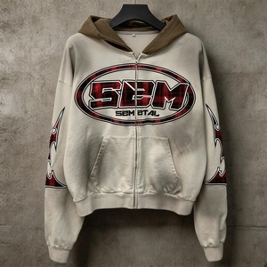 เสื้อฮู้ดซิปเฟรนช์เทอร์รี่สำหรับผู้ชาย ผ้าฝ้ายหนานุ่ม ทรงโอเวอร์ไซส์ แบบครอป สตรีทแวร์ ปักลาย ล้างสีแบบแอซิดวอช - Product Image 3