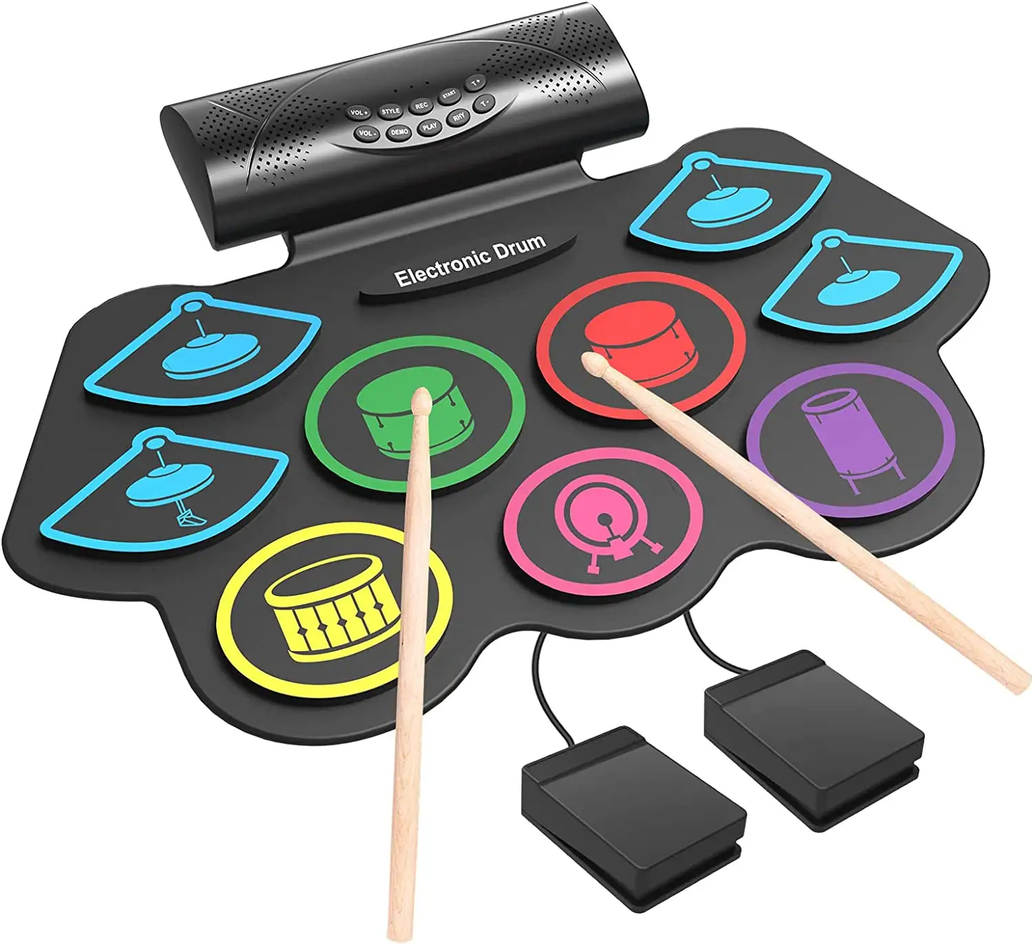 Tambor eletrônico colorido, caixa de som estéreo embutido 9 almofadas de rolo-up