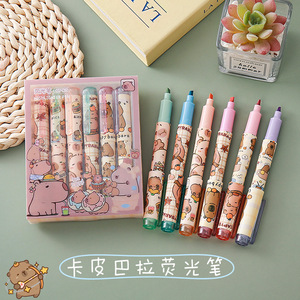 Set di 6 Evidenziatori Fluorescenti Carini a Forma di Capibara, Colori Pastello, Punta Obliqua a Pennello, Macaron, per Disegno e Cancelleria - Product Image 3