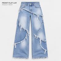 Jeans personnalisés pour femmes, à jambes larges, avec patchwork effiloché, taille haute, bords bruts, denim délavé, pour le streetwear