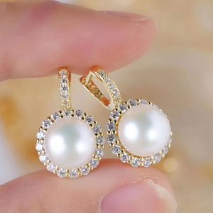 S925 <b>Silver</b> DIY <b>Pearl</b> Accessories Empty Ear Buckle <b>Silver</b> Jewelry <b>Earrings</b> with 9-10mm Round Beads 21884 - Product Image 1