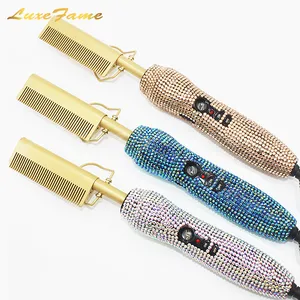 Pente de cabelo elétrico de cantão, luxuoso, brilhante, strass, escova quente, personalizada