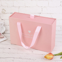 Boîte à bijoux, bonbons ou sous-vêtements rose mignonne en gros, avec emballage tiroir, poignée, pliable, rectangulaire, avec nœud en ruban offset