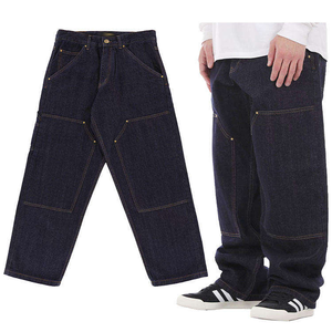 Vaqueros de mezclilla cruda con logo personalizado al por mayor para hombre, talla grande, holgados, con parches, doble rodilla, estilo moda, skate, baggy, carpintero - Product Image 1