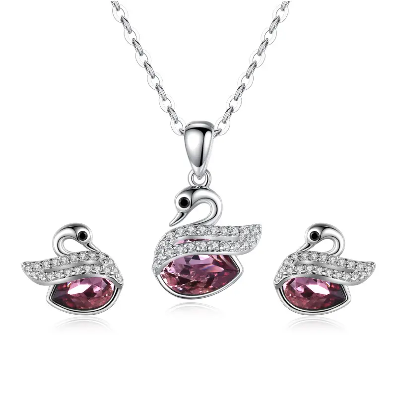 Pendentif en cristal de cygne rose, ensemble de bijoux fins, haute qualité, argent 925, Original, autriche, boucles d'oreilles