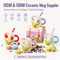 Ensemble de tasses à café en céramique 3D en forme de tulipe avec cuillère, tasse à café en porcelaine colorée avec boîte cadeau pour cadeau de vacances, OEM ODM en gros