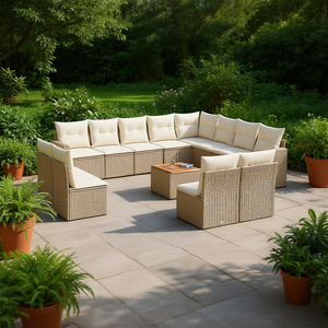 Conjunto de Sofás Modulares de Ratán Sintético PE Beige para Jardín, Muebles de Exterior Cómodos, Diseño Contemporáneo, Cojines de Espuma de Alta Densidad - Product Image 2