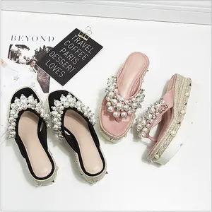 Zapatos de tacón alto con clip para mujer, zapatillas femeninas de tacón alto con perlas de cristal y parte inferior gruesa, mopa, 2020