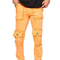 LILUO Nouveau Design Orange Solid Color Designer Denim Jeans Skinny Multi Pocket Top Quality Flared Stacked Jeans Men
