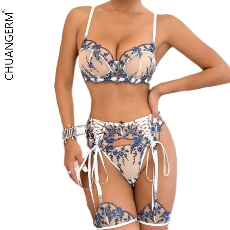 Chuangerm Spot Low Moq 2024 Novos produtos de verão bordado floral transparente cor contrastante ligas lingerie de luxo