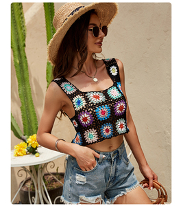 Nouvelle édition 2026 : <span class=keywords><strong>Hauts</strong></span> pour femmes, motif floral au crochet, débardeur ajouré, motif ajouré à petites fleurs, crop top court à bretelles - Product Image 1