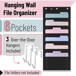 Hanging Wall <b>File</b> Organizer, 6 Pockets Black Oxford Cloth with 2 Hangers, Over the Door <b>Storage</b> for Home Office & Classroom - Product Image 5
