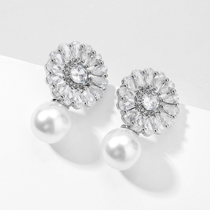 RAKOL EP2967 hot sell real gold plated zircon snowflake sun flower bridal pearl <b>earrings</b> wedding freshwater pearl <b>stud</b> <b>earrings</b> - Product Image 2