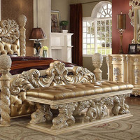Lit double en bois massif de style européen, luxe, baroque, français, sculpté, en cuir véritable, avec coiffeuse, meubles de maison