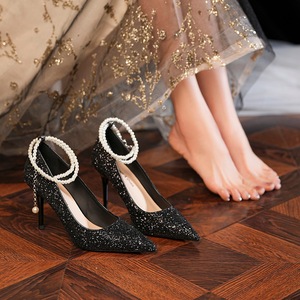 Escarpins à bout pointu en tissu pailleté avec bride de cheville perlée, talons hauts, chaussures de mariée pour femmes - Product Image 2