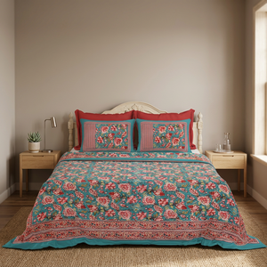 Juego de Sábanas de Algodón con Estampado Mediterráneo, Hechas a Mano en Jaipur, Estilo Boho Indio, Florales, Lavables - Product Image 1