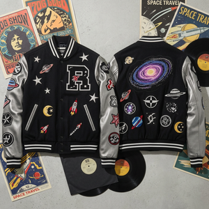 Men's Black Varsity <b>Jacket</b> With Space Patchwork Embroidery Design <b>Silver</b> Sleeves Casual Autumn Wear - Product Image 1
