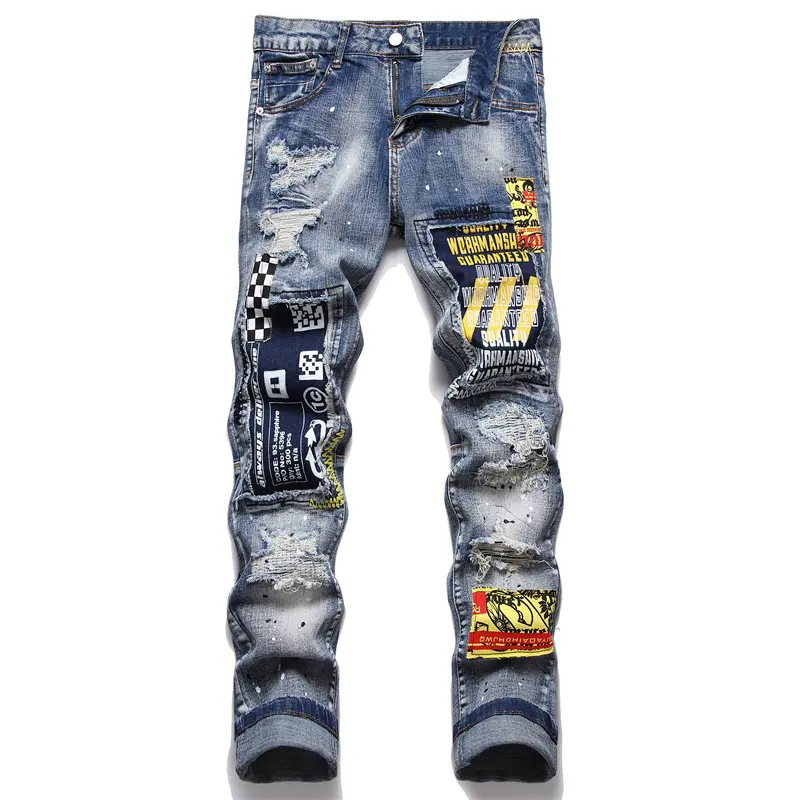 2023 Factory Wholesale High Street ripped denim pants High Quality Printed Punk clothing Mid waist Patched Men's Jeans