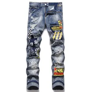 2023 Fabriek Groothandel High Street Gescheurde Denim Broek Hoge Kwaliteit Bedrukte Punk Kleding Mid Taille Patched Heren Jeans