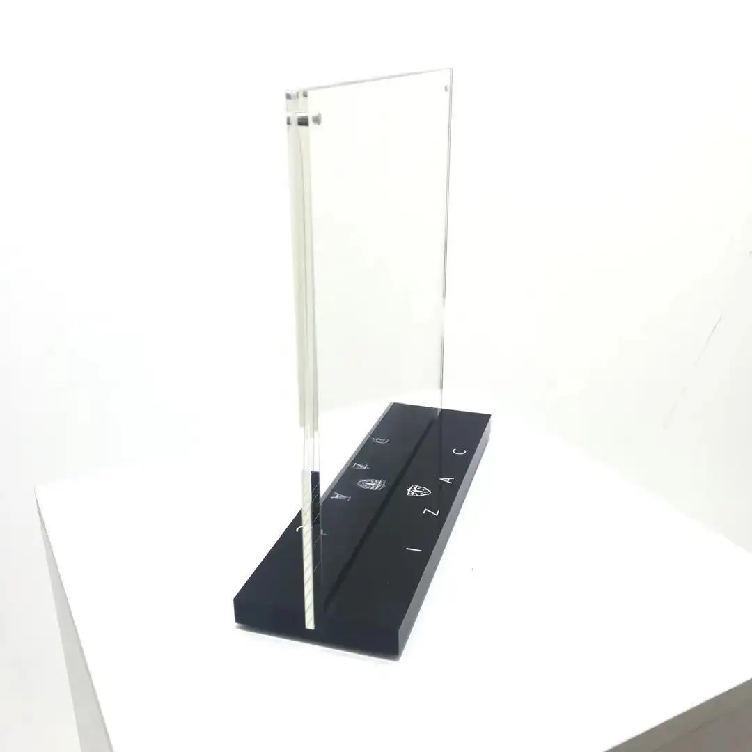 High Clear Acrylic Sign Holder Transparent With Black Wooden Base For Office Hotel Restaurant Menu Table Tops Display