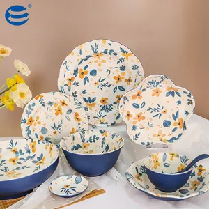 Toptan lüks porselen yemek takımı klasik çiçek mavi sırlı restoran plaka seti çorba kasesi çanak seramik yemek seti