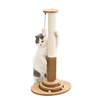 Jouet multifonctionnel pour chat : Griffoir en bois naturel avec boule tournante, brosse auto-nettoyante et jouet suspendu pour animaux de compagnie