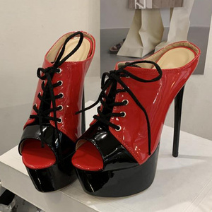 Sandales sexy pour femmes à talons hauts extrêmes et plateforme épaisse, style patchwork, bout ouvert, à lacets sur le devant, pour soirée et danse - Product Image 6