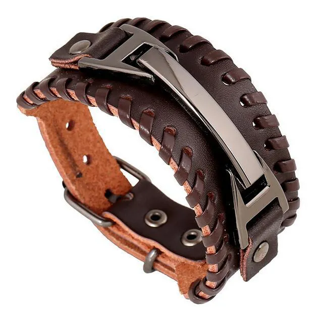 Fashion Wide Genuine Leather Bracelet for Men Brown Wide Cuff Bracelets & Bangle Wristband Vintage Punk Male Jewelry Gift