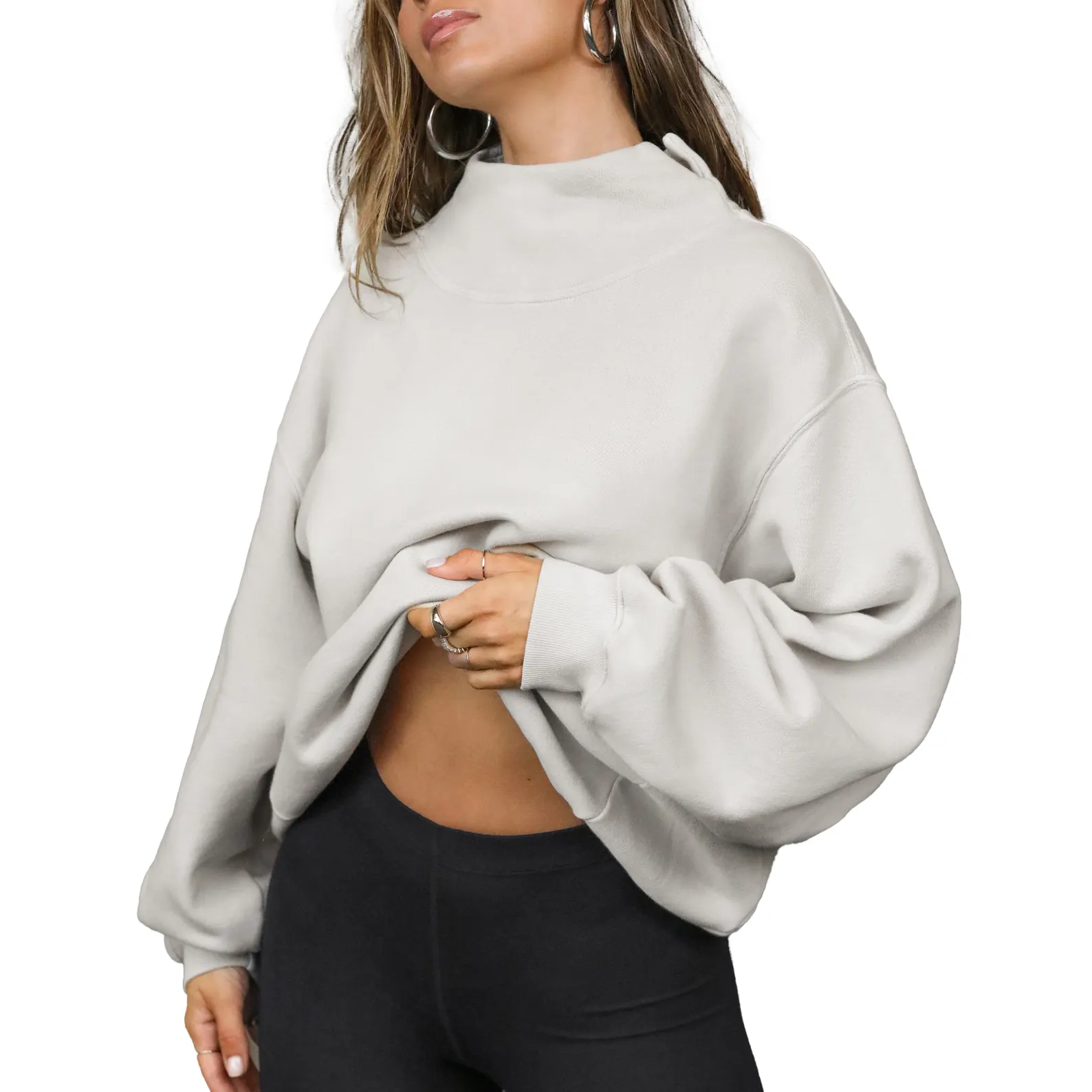 Mujeres cómodo francés Terry 100% algodón manga larga jersey de gran tamaño Sudadera de cuello alto