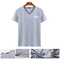 T-shirt col V 60 % coton pour homme, coupe classique, respirant, manches courtes, couleur unie, style coréen, mode été 200G