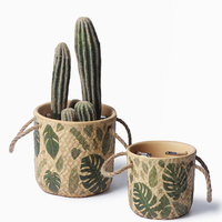 Pot de fleurs en céramique rétro, imitation texture tissée, imprimé feuille de Monstera, pot rond pour plantes vertes, roses, cactus, décoration intérieure