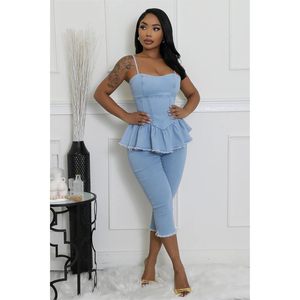Custom Custom 2026 Denim Breathable Capri Set Women Sleeveless Crop <b>Top</b> and Pants with Ruffles <b>Distressed</b> Streetwear - Product Image 5