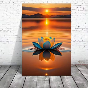 Impression sur toile sans cadre Lotus, Peinture abstraite moderne de coucher de soleil, Décoration murale pour salon, Bleu jaune vibrant, Cadeau <span class=keywords><strong>zen</strong></span> pour la maison - Product Image 2