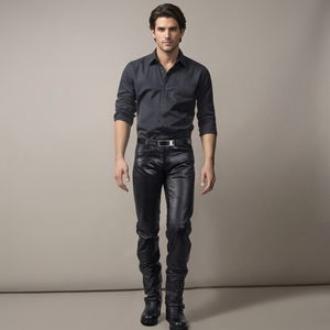 <b>Men's</b> Black Leather Straight Leg Pants With Belt Zipper Fly Moto Biker Style Winter Wear - Product Image 1