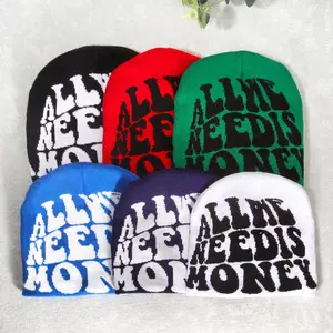 1pc ALL WE NEED IS MONEY Hip Hop Slogan Knitted Jacquard Hat Trendy Elastic Skull Cap Unisex Beanies For Women Men