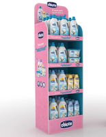 Présentoirs en carton pour shampoing et gel douche pour bébé Ray Custom, présentoirs pour sucettes bébé, présentoirs pour produits pour bébé POP