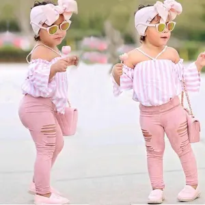 情人节女婴时尚粉色条纹印花一字肩衣服 + 粉色长裤设计精品童装