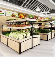 Dubbelzijdige, extra sterke, commerciële supermarkt schappen, 3-laags, staal en hout, vrijstaand, voor fruit, groenten en producten.