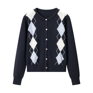 Cardigã de Tricô de Manga Longa com Padrão Geométrico em 2 Cores, Estilo Casual de Outono para Mulheres, Moda Preppy - Product Image 1
