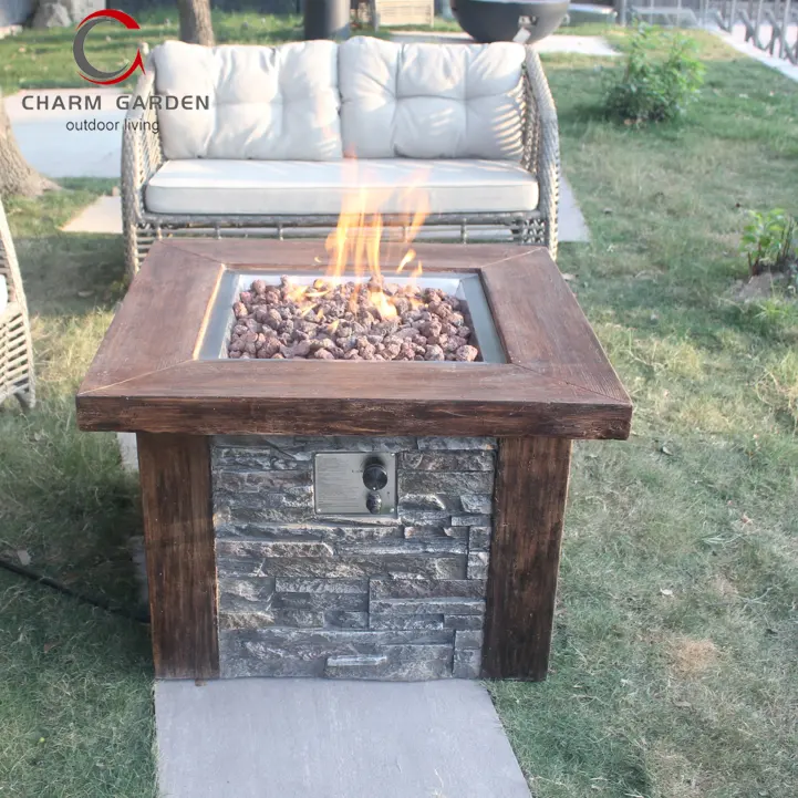 Wholesale firepit outdoor stone like fireplace surround wood frame bar fire table in garden