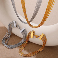 Nouvel ensemble de bijoux tendance vintage pour femme en acier inoxydable, collier à chaînes superposées et bracelets avec ras-de-cou PVD doré pour mariage