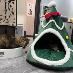 Casa de estimação ecológica feita à mão de alta qualidade, luxuosa, com desenho de Papai Noel, caverna para gatos e cães, cama quente e aconchegante para casa