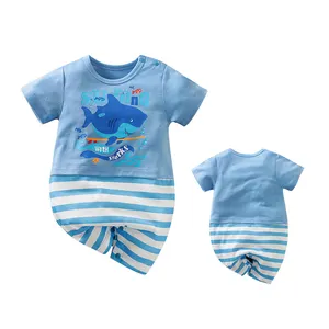 批发鲨鱼条纹印花短袖夏季新生儿男童女童连身裤婴儿连身裤